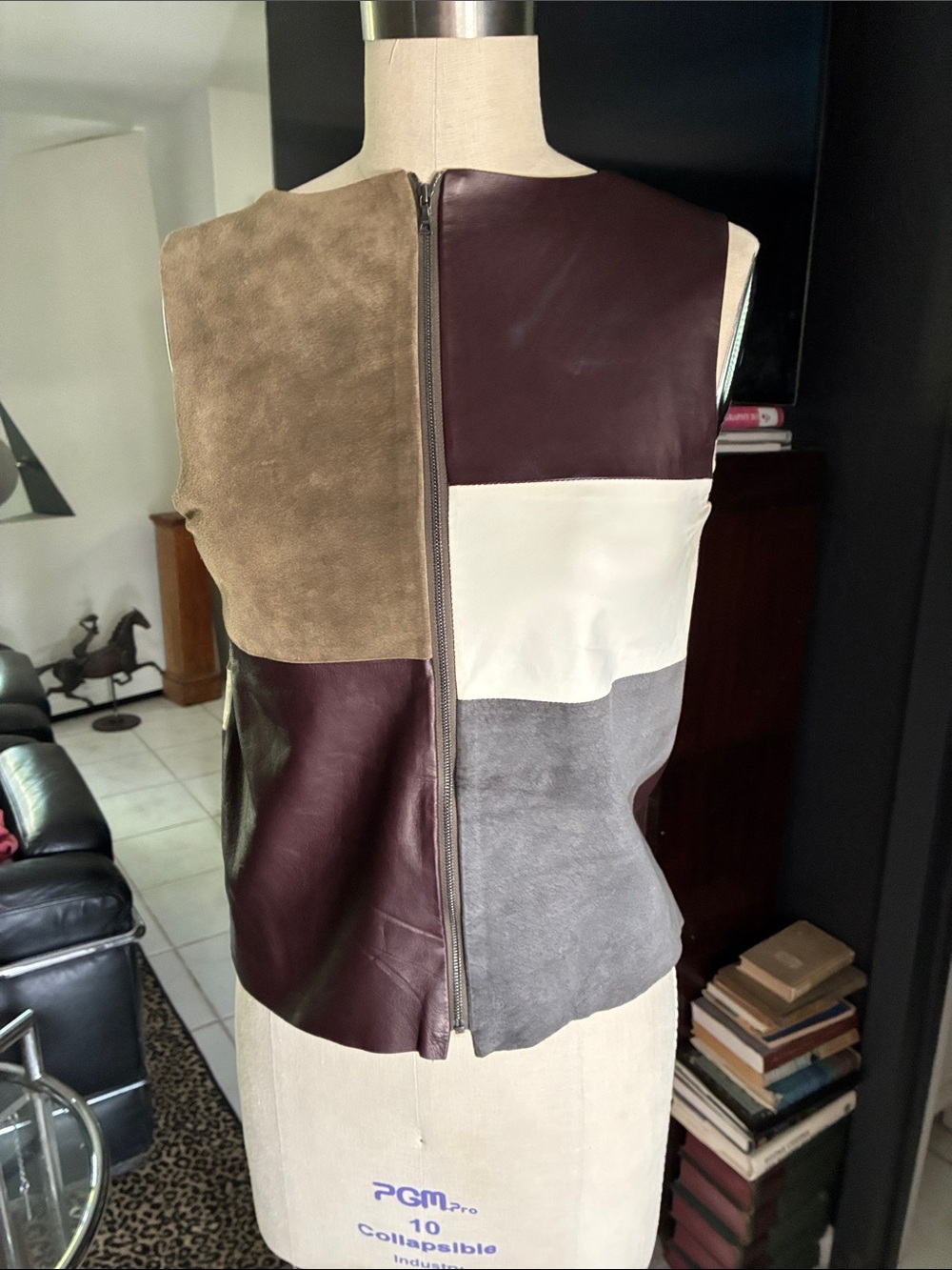 Colorblock Leather Vest - Brown, White, Gray, Burgundy